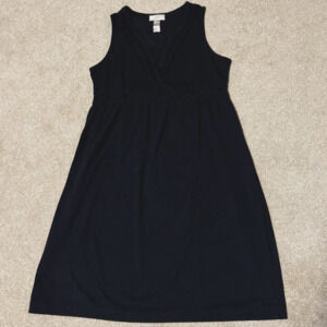 Ann Taylor LOFT A-Line Dress Black Knee Ruched Elastic Plunging V-Neck, Sz M